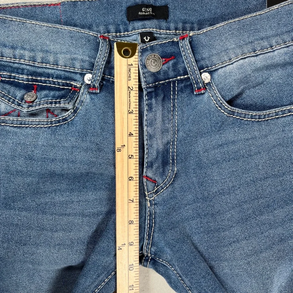 New True Religion Geno Big T Flap Jeans Men 30 Blue Relaxed Slim Red Stitch NWT